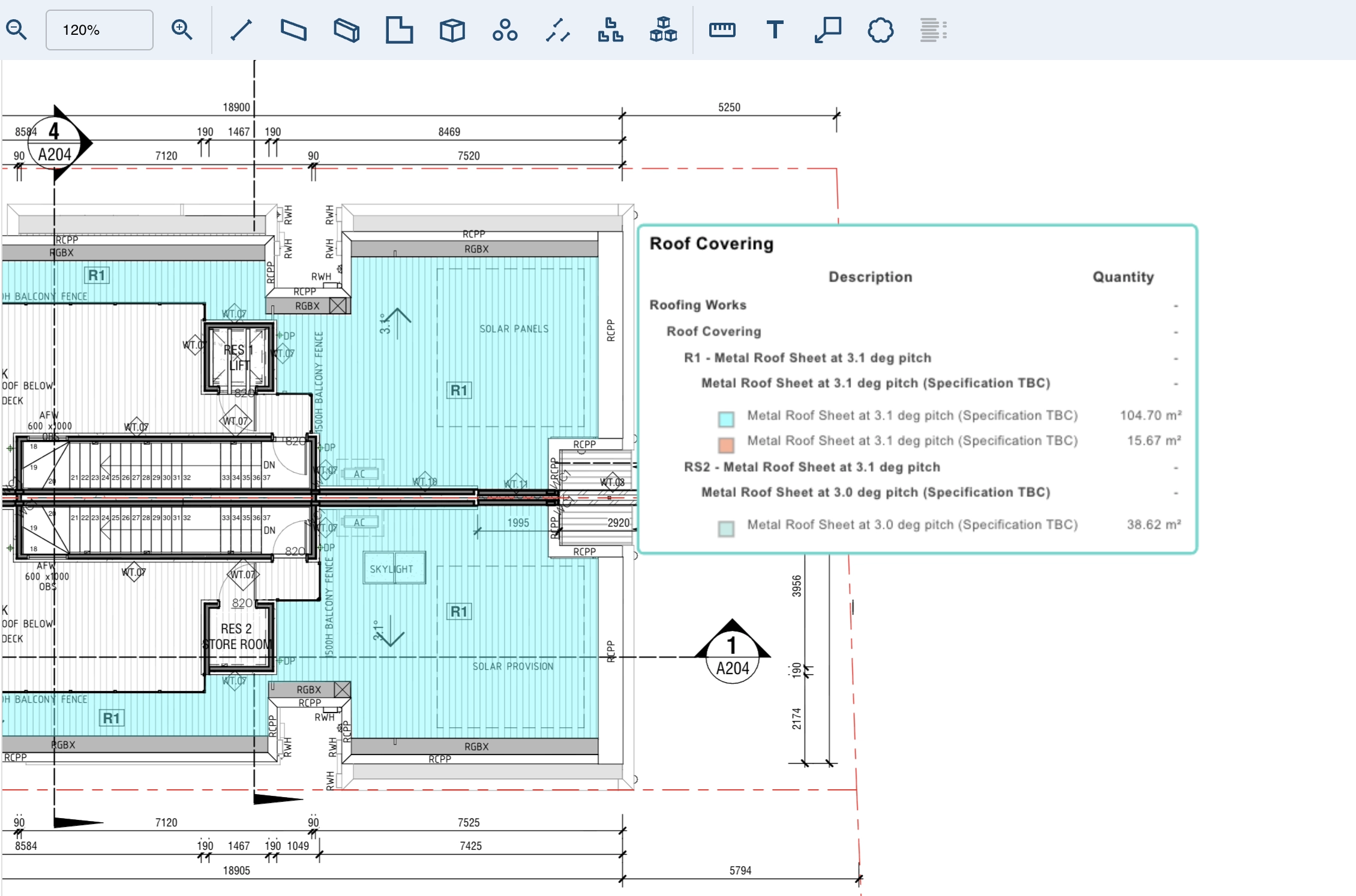 AedisPro interface showing multiple measurement tools used on a construction drawing