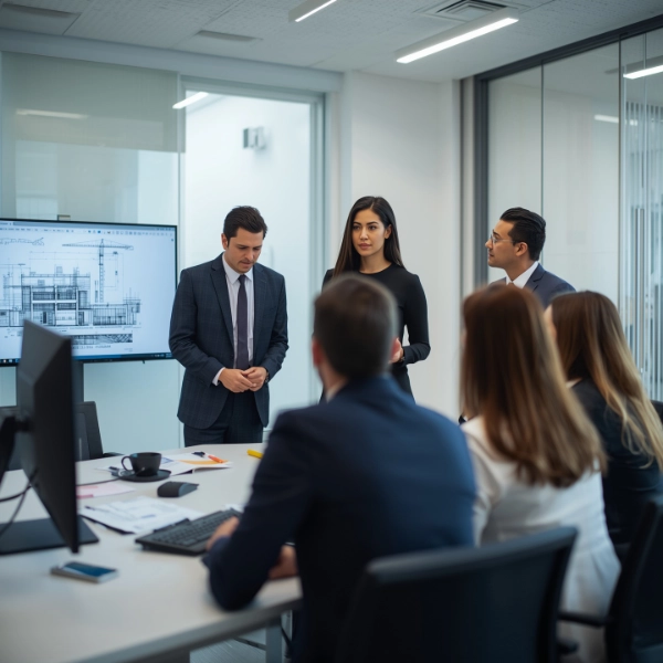 Consultant reviewing construction drawings with AI-assisted takeoff