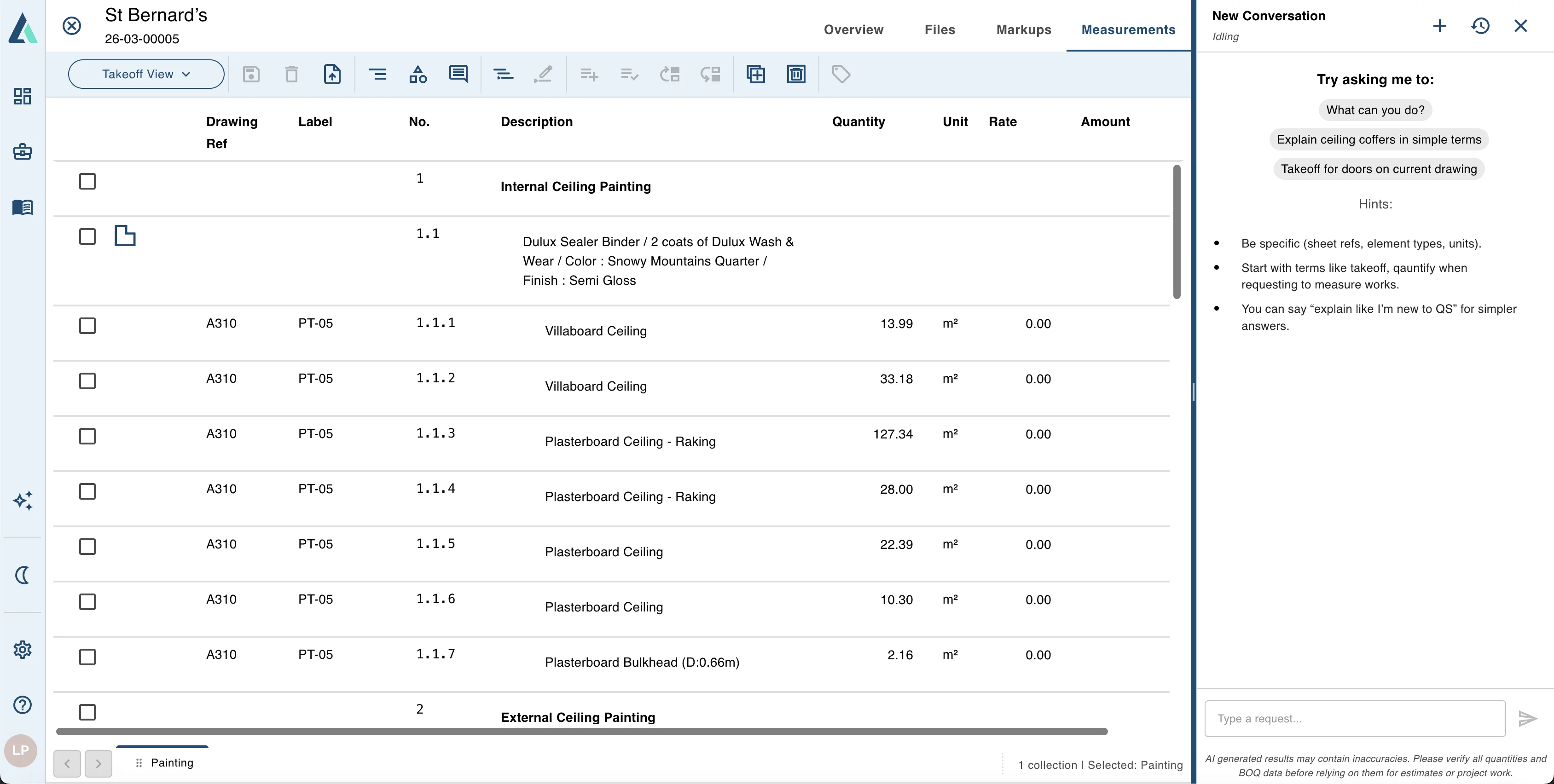 Construction estimating software interface with AI-powered quantity takeoff measurements and pricing tools