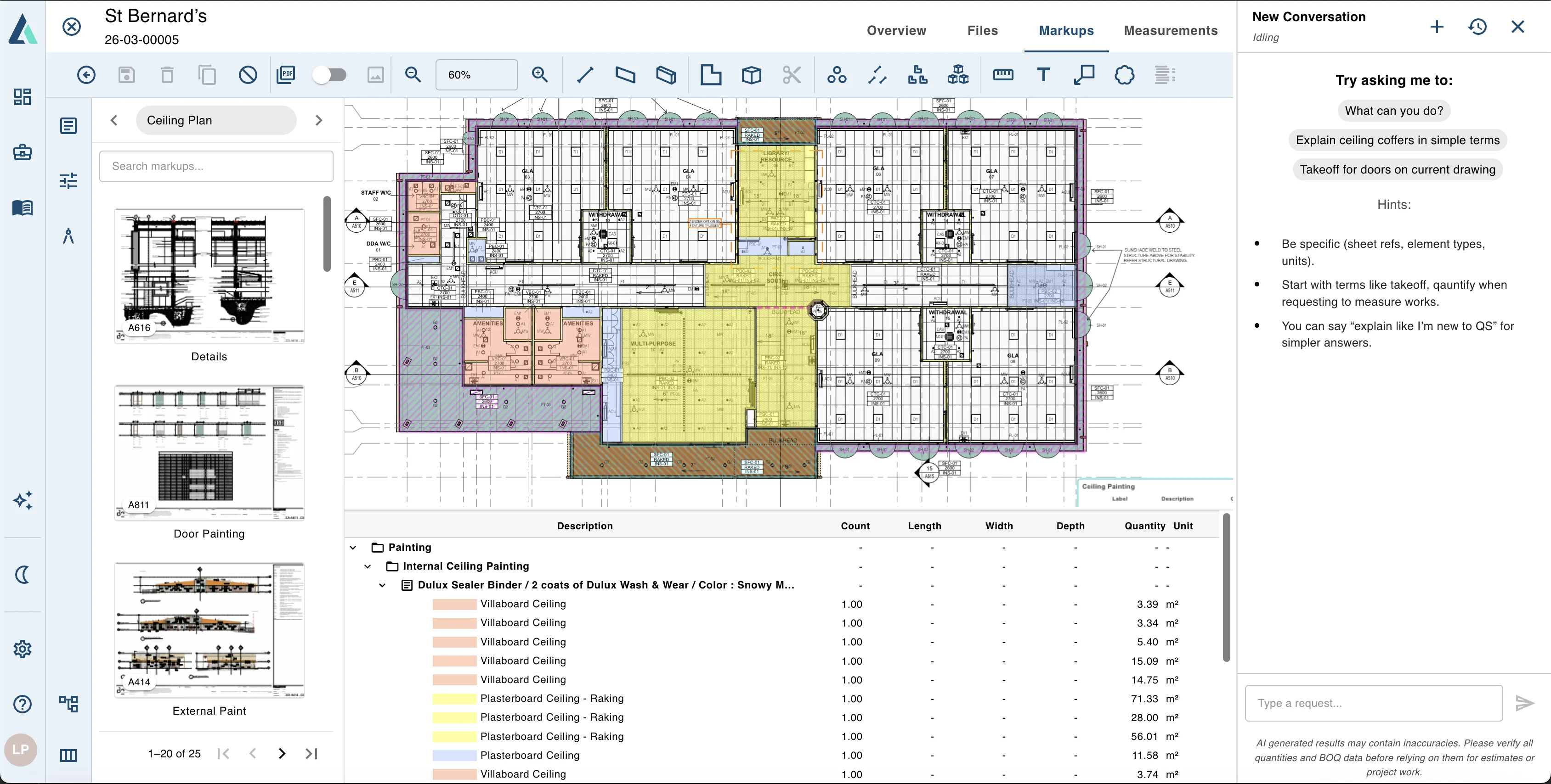 AI construction measurement tool interface showing automated area calculations and BOQ generation